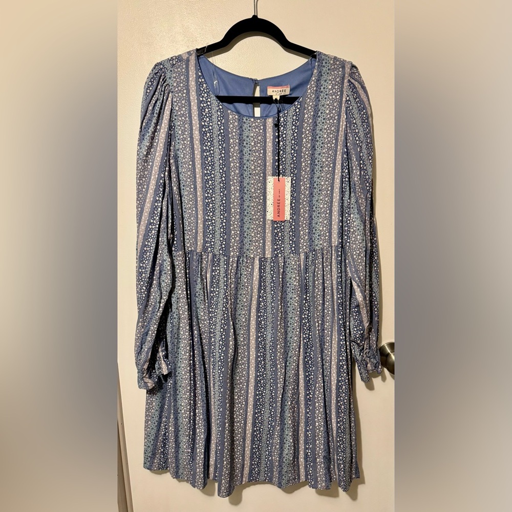 Andree Blue Striped Floral Tiered Long-Sleeve Dress - NWT